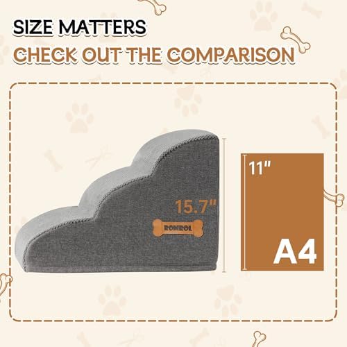 Romrol Dog Stairs Ramp for Beds Couches, Extra Wide Pet Steps with Durable Non-Slip Waterproof Fabric Cover, Dog Slope Stairs for Small Dogs and Cats or Pets Friendly, 3-Tiers,15 Inch