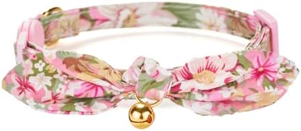 2 Pack Breakaway Cotton Cat Collars with Cute Bunny Ear Bowtie and Bell, Floral Female Male Kitten Collars(Pink & Blue)