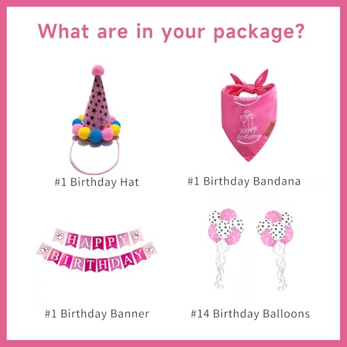 GOHAPPYPets Dog Birthday Set - Premium Durable Adjustable Fabric Dog Bandana + Birthday Hat + Balloons + Banners with Pink & White Birthday Vibe Design for Small Medium Large Dogs(Small)