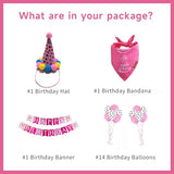 GOHAPPYPets Dog Birthday Set - Premium Durable Adjustable Fabric Dog Bandana + Birthday Hat + Balloons + Banners with Pink & White Birthday Vibe Design for Small Medium Large Dogs(Small)
