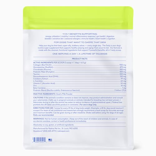 Native Pet Dog Vitamins & Supplements - 11-in-1 Multivitamin Powder for Dogs Food Topper - Collagen, Glucosamine, Probiotics, Omega & More- Supports Healthy Gut, Mobility & Overall Health -90 Scoops