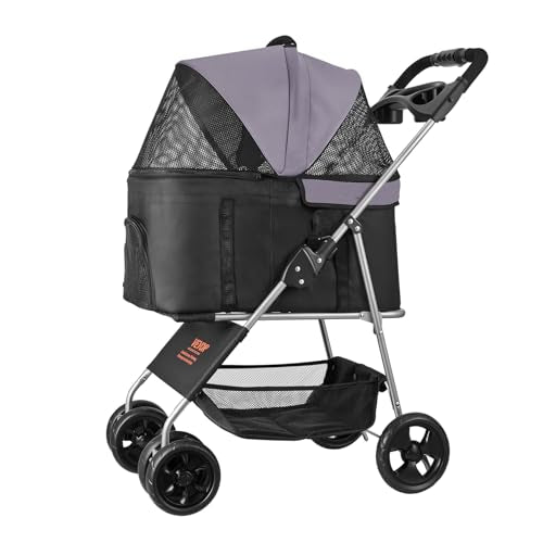 VEVOR Pet Stroller, 35 lbs Weight Capacity, Foldable Dog Stroller Cart, 4 Wheels Cats Strollers with with Detachable Carrier & Mesh Windows, Portable Design with Brake for Small to Medium Pets