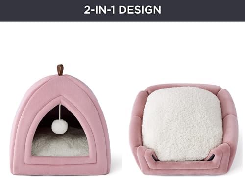 Bedsure Cat Beds for Indoor - 2 in 1 Cat Cave House Tent for Kittens and Small Pets with Removable Washable Cushioned Pillow, Foldable Kitten Hideaway with Non-Slip Bottom, Pink, 16 inches