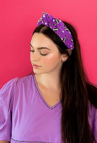Football Headband Pearl Rhinestone Jeweled Knotted Headband Fun Sports White Hot Pink Black Blue Football Embellished Wide Top Knot Hairband Headpiece Game Day Sports Hair Accessories Gift for