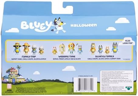 Bluey Figure 4-Packs, Halloween, 2.5" Poseable Figures of Bluey, Bingo, Chloe & Lucky Dressed in Halloween Costumes, with Accessories, Kids Can Recreate Their Favorite Moments from The Bluey TV Show