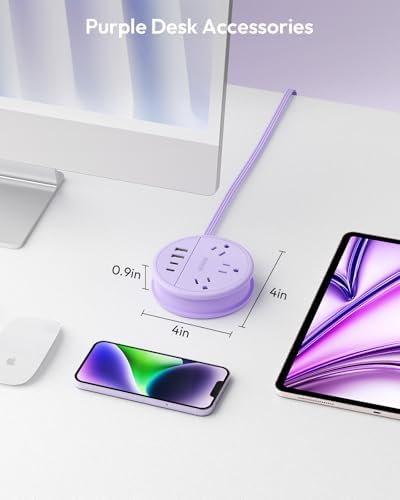 NTONPOWER Purple Extension Cord with 3 AC Outlet 4 USB(2 USB C), Purple Power Strip 4FT Flat Extension Cord, Compact for Purple Desk Accessories,Home