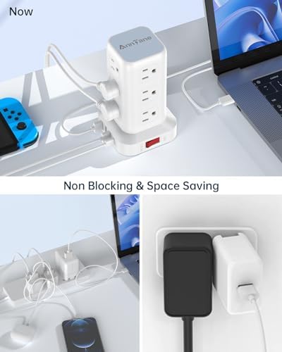Surge Protector Power Strip 10 FT Cord, Power Strip Tower with 4 USB Ports (1USB C), Extension Cord with 12 AC Multiple Outlets, Home Office Supplies Desk Accessories, Dorm Room Essentials