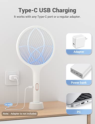 YISSVIC Electric Fly Swatter 4000V Bug Zapper Racket Dual Modes Mosquito Killer with Purple Mosquito Light Rechargeable for Indoor Home Office Backyard Patio Camping (White 2 Pack)