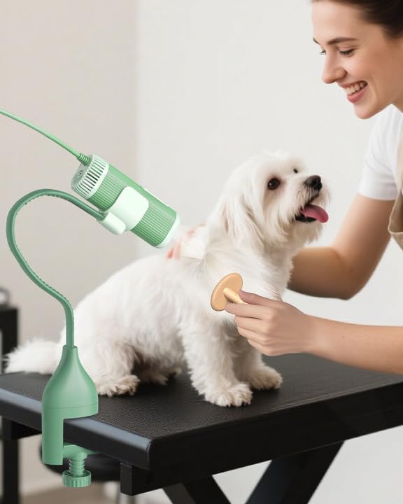 NRYDEPET 2-in-1 Hands-Free Dog Hair Dryer with Table Clamp – Low Noise Pet Grooming Dryer for Dogs & Cats, Adjustable Heat & Speed, Wearable or Desktop Use(Green)