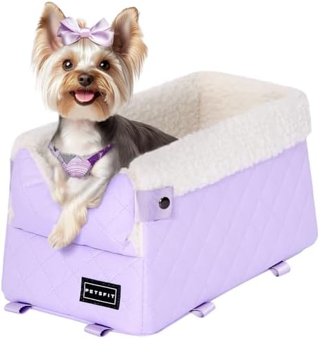 PETSFIT Cat Car Seat with Safe Protection Hooks, Center Console Dog Car Seat with Upgraded Safety Tethers, Washable Cushion, Dog Car Seats for Small Dogs Up to 9 Lbs (Purple)