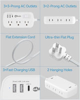 Short Extension Cord 3ft - Small Power Strip Flat Plug Surge Protetor with 6 Outlets 3 USB (3.4A/17W) Charging Ports, Multi Plug Wall Outlet Splitter for Home Bedroom Hotel Office Desktop Accessories