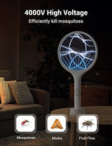 YISSVIC Electric Fly Swatter 4000V Bug Zapper Racket Dual Modes Mosquito Killer with Purple Mosquito Light Rechargeable for Indoor Home Office Backyard Patio Camping (White 2 Pack)