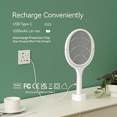 Rotating Head Rechargeable Electric Fly Swatter Racket Bug Zapper Racket Mosquito Zapper Indoor Bug Zapper Fruit Fly Zapper Spider Killer Gnat Trap Wasp Catcher, with a Telescopic Extension Wand
