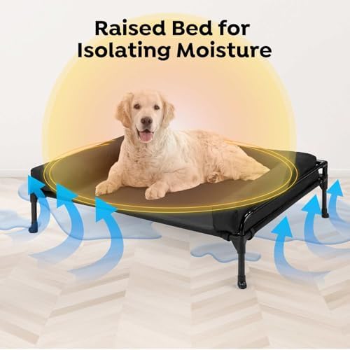 Veehoo Elevated Raised Dog Bed-Cooling Outdoor Dog Cot Bed for Large Sized Dogs Three-Sided Fence Raised Pet Cot with Mesh & No-Slip Feet Dog Hammock Bed with Removable Bolster-41 x 27" Black