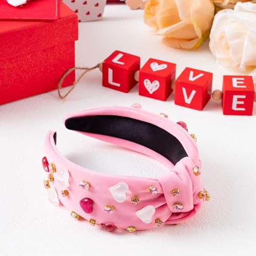 PANTIDE Valentine's Day Heart Jeweled Knotted Headband - Heart Rhinestone Crystal Embellished Headband Wide Top Knot Fashion Hairband Accessories Christmas Birthday Gift for Lover Women (Pink)