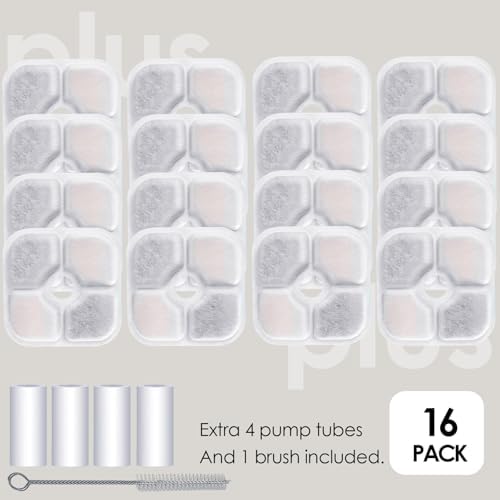 16-Pack Cat Water Fountain Filter Compatible With Catit Pixi Water Fountain Filter Replacement Triple Action Water Filter, 4 Pump Tubes 1 Hard Brush