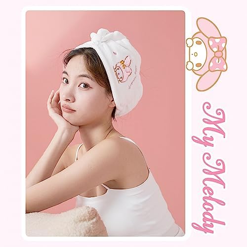 Kawaii Microfiber Hair Towel for Women, Super Absorbent Hair Shower Cap for Long Hair, Quick Dry Towel Wrap with Botton of Cute Hairbands for Women Girls Bath Accessories(Pink-1)