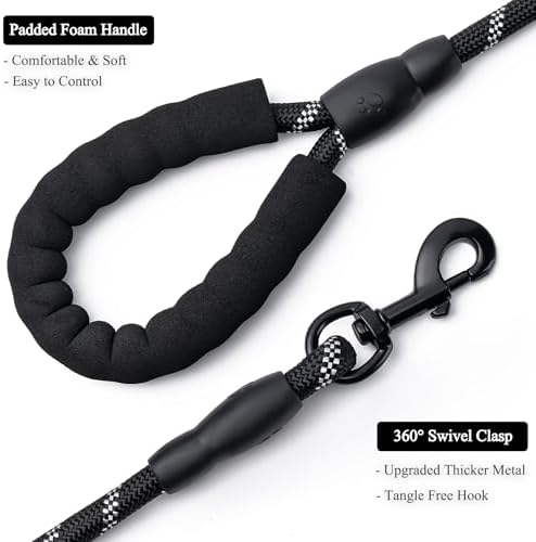 2 Pack Dog Leash, 4/5//6 FT Heavy Duty Nylon Rope Pet Leashes with Comfortable Padded Handle, Reflective Dog Leashes for Small Medium and Large Dogs (6FT-1/2,Black/Black)