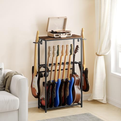 Guitar Stand for Acoustic Holder, Electric Guitar, Bass, Ukulele, Multiple Guitar Rack Holder, Floor Adjustable for Guitars, Guitar Amp Accessories, for Home Music Studio, Rustic Brown GSHR6701