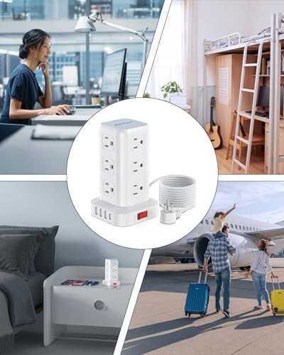 Surge Protector Power Strip 10 FT Cord, Power Strip Tower with 4 USB Ports (1USB C), Extension Cord with 12 AC Multiple Outlets, Home Office Supplies Desk Accessories, Dorm Room Essentials