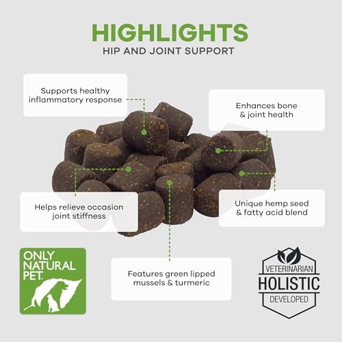 Only Natural Pet Hemp Hip & Joint Support for Dogs - Supplement for Mobility Wellness Pain Relief Healthy Inflammatory & Bone Stiffness - Chews w/Fatty Acid Blend Mussels & Turmeric - 120 Count