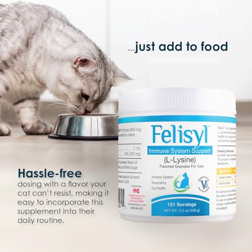 Felisyl L-Lysine Granules for Cats 100g (3.5 oz, 310 Servings) – Supports Immune, Respiratory, and Eye Health. Eases Sneezing, Runny Nose, and Watery Eyes. Tasty Salmon Flavor - Made in The USA
