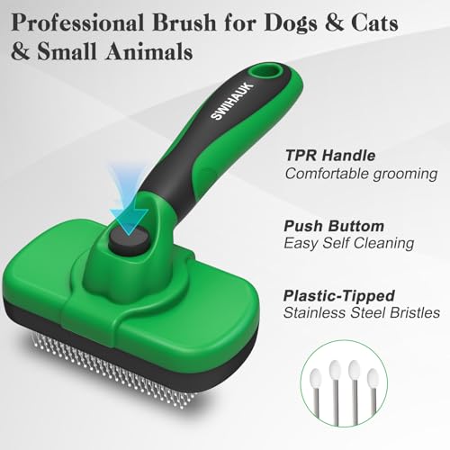 Swihauk Self Cleaning Slicker Brush for Dogs & Cats - Skin Friendly Deshedding Brush for Long and Short Haired Pets, Grooming Brush, Green