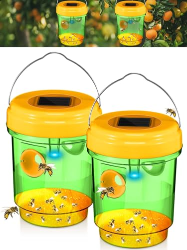 2 Pack Wasp Traps Outdoor Hanging Fly Traps with UV LED Light Solar Powered Hornet Trap Non-Toxic Reusable Hornet Traps Wasp Killer for Indoor Outdoor Patio Garden Home (Green)