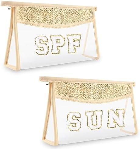 2 Pcs Boho Straw Clear Makeup Letter Bag BEACH Pouch, Sunscreen Bags for Beach Travel Small Cute Chenille Letter SPF Bag Pouch,Waterproof Beach Toiletry Sun Bag Beach Accessories for Women(SPF+SUN)