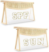 2 Pcs Boho Straw Clear Makeup Letter Bag BEACH Pouch, Sunscreen Bags for Beach Travel Small Cute Chenille Letter SPF Bag Pouch,Waterproof Beach Toiletry Sun Bag Beach Accessories for Women(SPF+SUN)