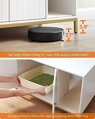 Feandrea Litter Box Enclosure, Modern Cat Litter Box Furniture Hidden, with Scratching Mat, Tall Legs, Cat House, Side End Table, 31.5 x 19.7 x 21.7 Inches, White and Gold UPCL007W01