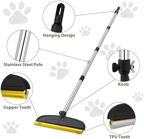 Carpet Rake for Pet Hair Removal: 60" Adjustable Long Handle Pet Hair Removel Tool, 2 in 1 TPU and Copper Pet Hair Remover Broom, Reusable Cat Dog Hair Remover Carpet Scraper (Black)