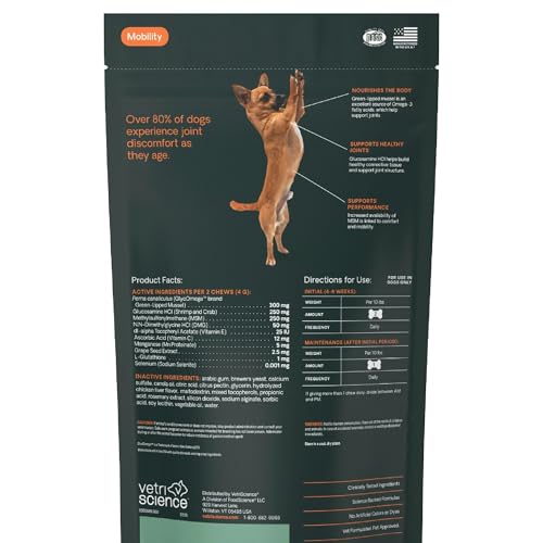 VetriScience Extra Strength Healthy Hip & Joint Chews, GlycoFlex Glucosamine and Green-Lipped Mussel Joint Support Supplement for Small Breed Dogs, Soothe Joint Discomfort, Chicken, 60 Count