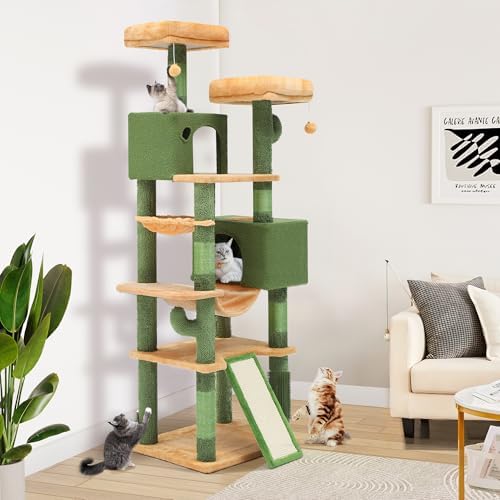 YITAHOME 76in Tall Cactus Cat Tree Tower with Self-Grooming Brush, Cute Cat Climbing Tower for Indoor Cats with Cat Condo, Plush Platform, Hammock, Sisal Scratching Posts, Dangling Ball