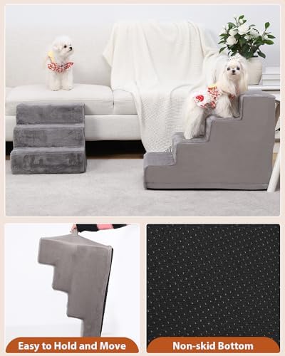 Dog Stairs for Small Dogs,17.5" 4-Step Pet Stairs for High Beds and Couches，Dog Steps with Non-Slip Bottom and High-Density Foam Indoor Outdoor,Grey