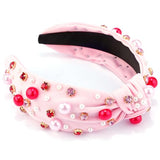 AHONEY Pink Headband Hair Accessories for Women Girls Knotted Headband Pearl Crystal Knotted Jeweled Wide Top Knot Headband Valentine’s Day Gifts (Pink)