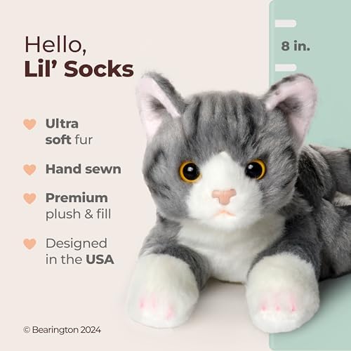 Bearington Collection Lil' Socks Cat 8 Inch Stuffed Animals Stripped Cat Plush Toy - Stuffed Cats That Look Real - Plushies for Kids