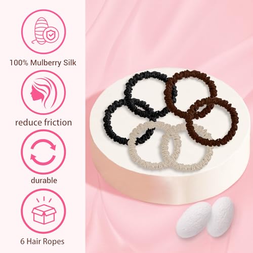 6PCS Silk Hair Ties and Scrunchies for Women & Girls - Black Satin Sleepy Bulk Hair Accessories for Curly, Thick or Thin Hair in Various Sizes