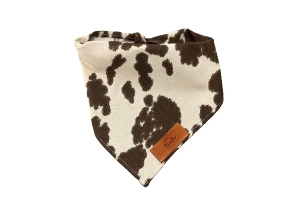 Personalized Brown & White Cow Dog Bandana with Leather Tag - Unisex Dog Gift, Pet Toys