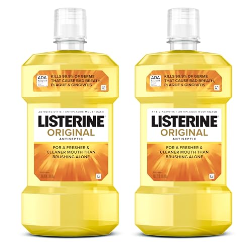 Listerine Original Antiseptic Oral Care Mouthwash to Kill 99% of Germs That Cause Bad Breath, Plaque and Gingivitis, ADA-Accepted Mouthwash, Original Flavored Oral Rinse, Twin Pack, 2 x 1 L