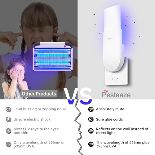 Pesteaze Indoor Plug-in Mosquito Killer, Flying Insect Trap for Flies, Fruit Flies, Moths & Gnats, with Adjustable Brightness UV Attractant Catcher & Night Light, 1 Device + 10 Glue Card Refills