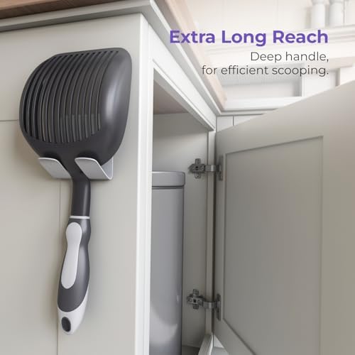iPrimio Cat Litter Scoop Metal w/ Deep Shovel, Black - Non Stick Plated Aluminum Cat Litter Scooper with Holder - Litter Box Scooper - Metal Cat Litter Scoop - Patented Sifter w/ Holder - Solid Handle