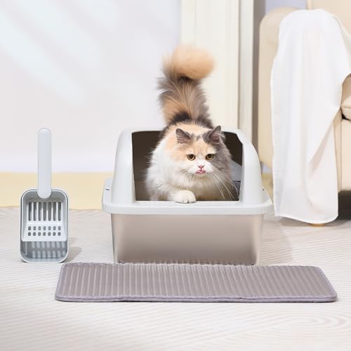 2 Pack Stainless Steel Cat Litter Box with Lid, 24" L x 16" W x 11.8" H, Extra Large Litter Box for Big Cats with High Sided, Anti-Urine Leakage, Easy Cleaning, Include Cat Mat and Scoop