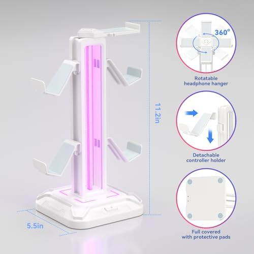 KDD Headset Stand with 9 Light Modes - Controller Holder for Desk - Rotatable Headphone Stand & Detachable Controller Hook for PC Earphone Accessories(White)