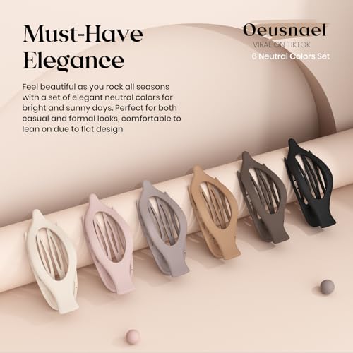 6 PCS Large Flat Hair Clips for Women Girls, French Concord Lay Down Hair Claw Clips for Thick Thin Hair, Comfortable Curved Flat Clips, Matte Non-slip Strong Hold Hair Accessories, Neutral