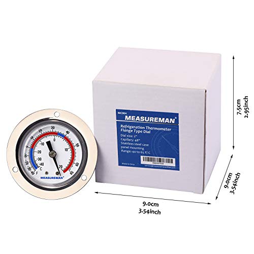 MEASUREMAN Vapor Capillary Flanged Panel Mount Refrigeration Thermometer, 2" Dial, 48" Capillary, -40-65 deg F/-40-20 deg C, Re-Calibration Available