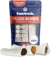 Pawstruck Large 5-6” Filled Dog Bones Variety Pack – Peanut Butter, Cheese & Bacon, Beef Flavors – Made in USA Long Lasting Stuffed Femur Treat for Aggressive Chewers – Pack of 3 – Packaging May Vary
