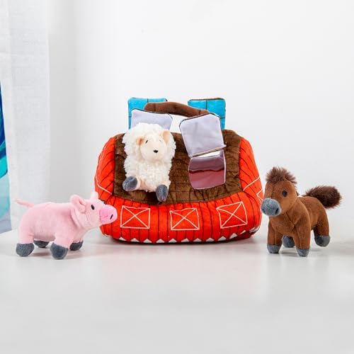 Hollypet Hide and Seek Squeaky Dog Toy, Designed Interactive Puzzle Plush Stuffed Puppy Toys, Farm