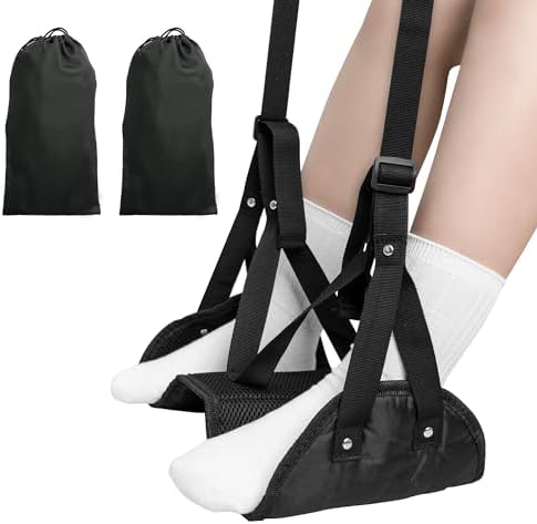 TESSAN Airplane Foot Rest, Leg Hammock for Plane Travel Essentials, Adjustable Flight Accessories Foot Rest, Memory Foam Swing Feet Hammock for Flying, Office, Home, Car, Train, 2 Pack, Black