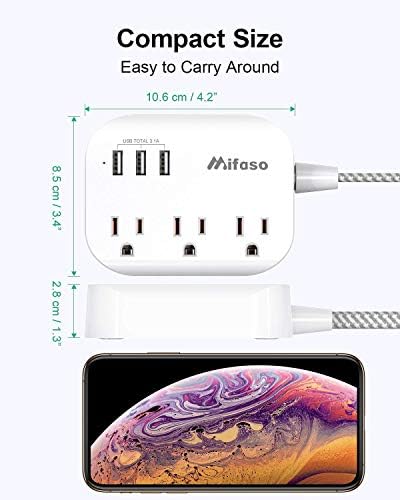 Flat Plug Power Strip with USB Ports - 10FT Extension Cord with 3 Outlets and 3 USB Charging Ports, Wall Mount, No Surge Protection for Cruise Ship Travel, Desk Accessories for Dorm Room Essentials